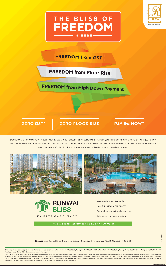 Book 1.5, 2 and 3 BHK residences in Rs 1.25 Cr onwards at Runwal Bliss, Mumbai Update